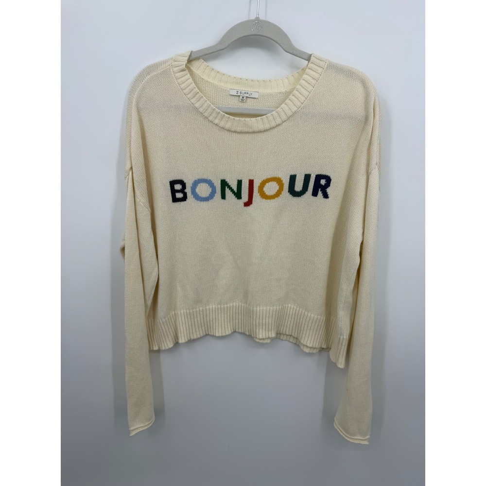 Z SUPPLY Bonjour Graphic Sweater Womens Mediumโ Cream Rainbow Cotton ZW233077S